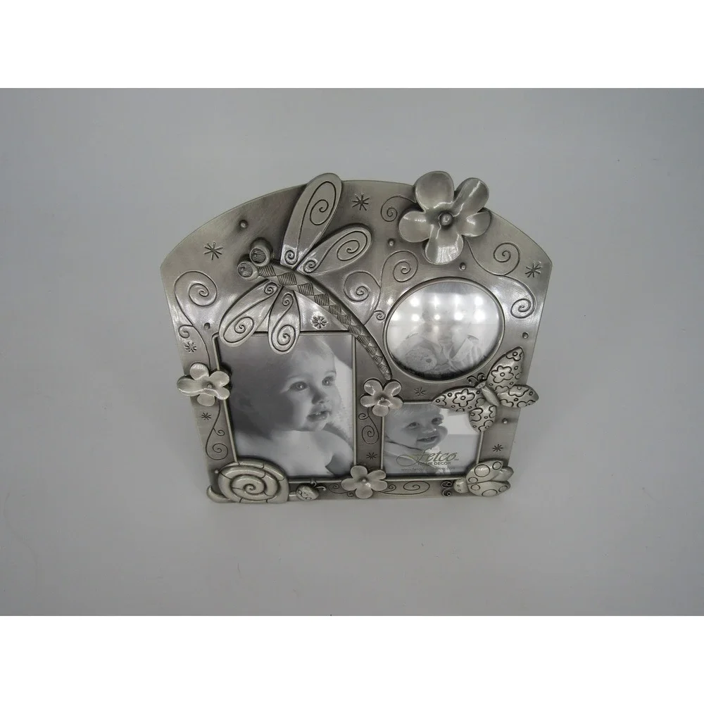 Fetco Picture Frame Silver Dragonfly Butterfly Flower 3-Opening Pewter Cottage